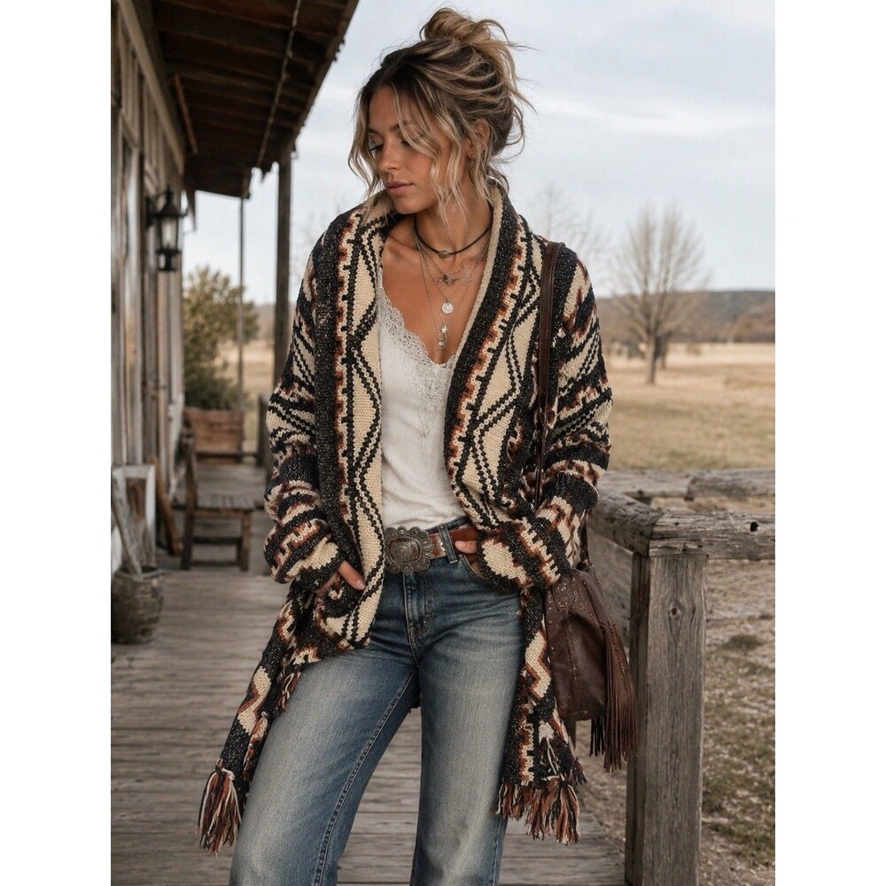 Women’s VTG Abercrombie & Fitch Cardigan Fringe Western Boho Aztec Y2K  M/L
